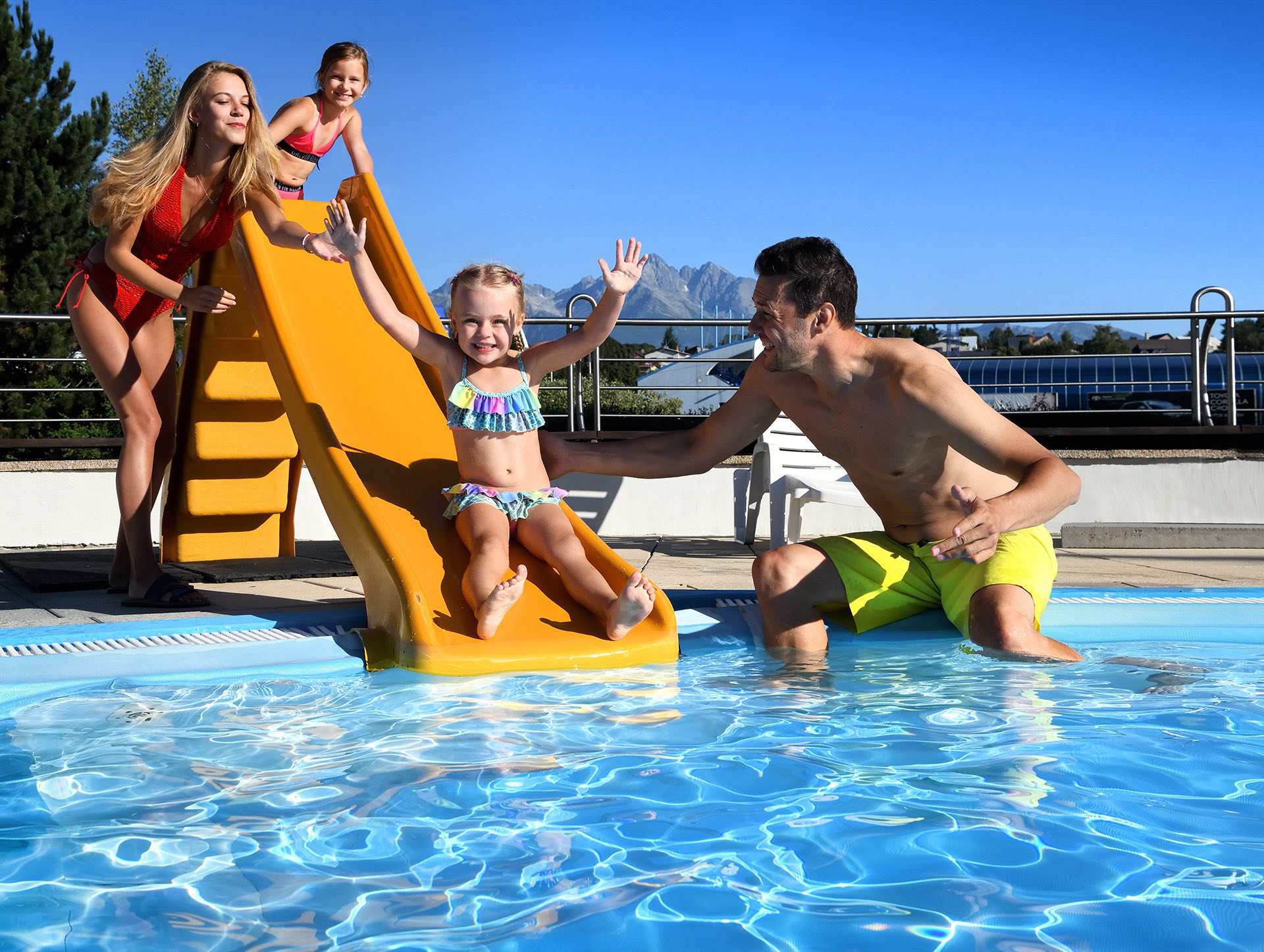 Family pool at AquaCity Poprad with the High Tatras behind it