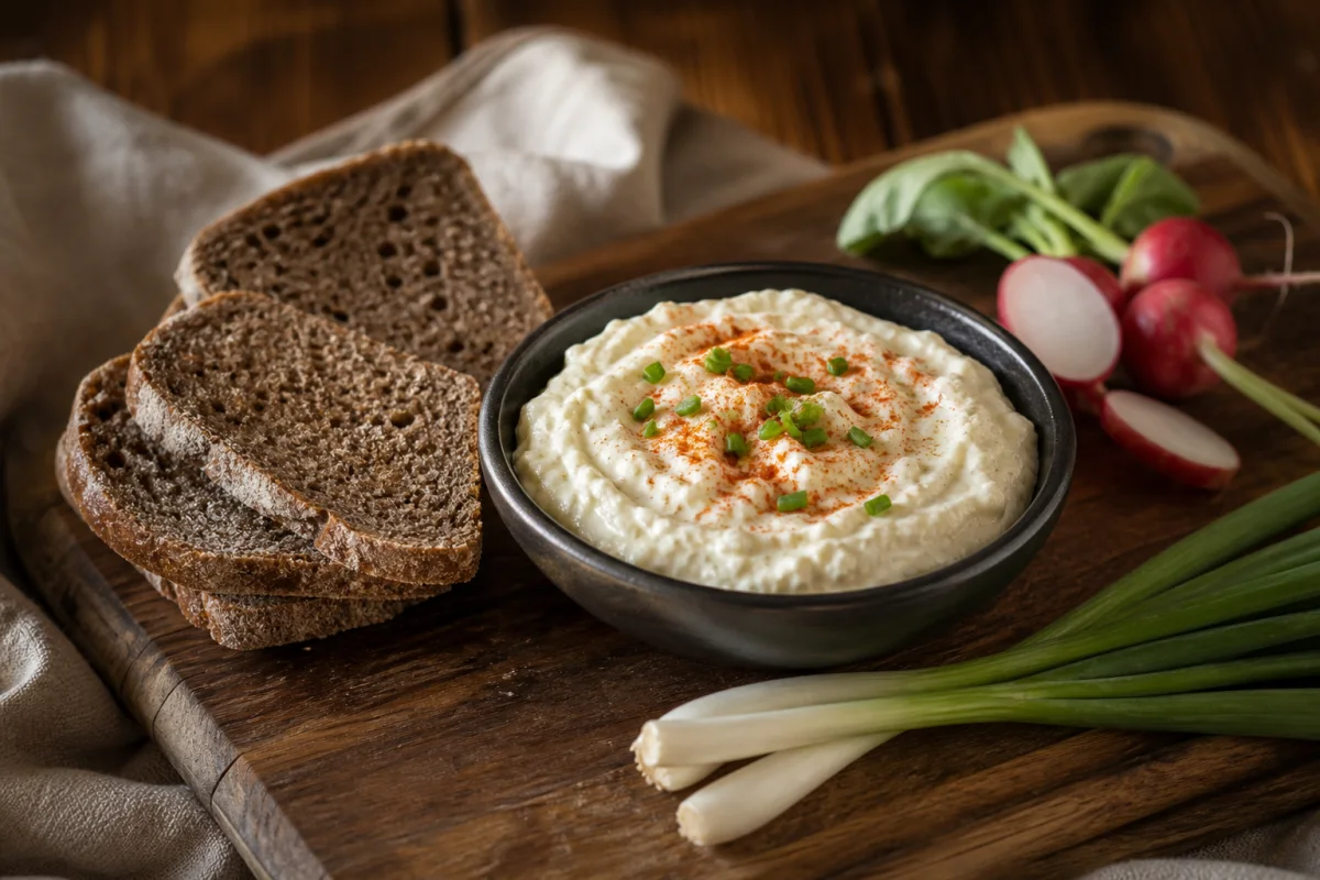 Bryndza spread with rye bread and radish