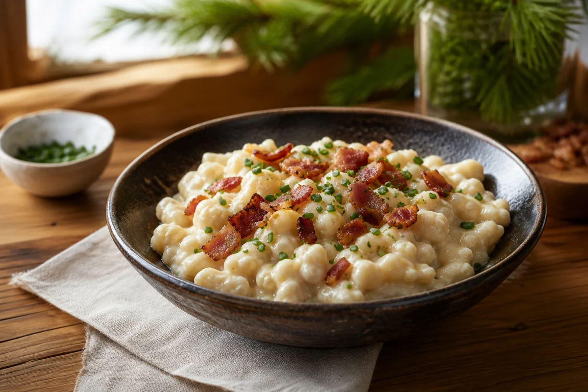 Bryndzové halušky with crisp bacon and chives