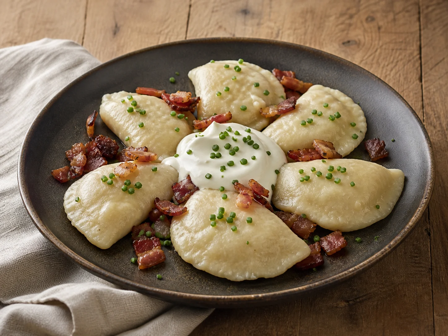 Bryndzové pirohy with sour cream, bacon and chives