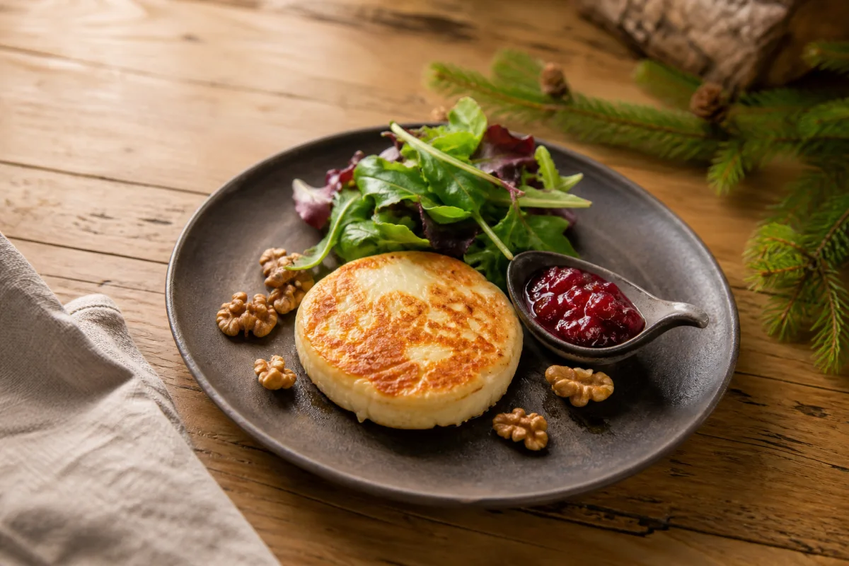 Pan-seared oštiepok with cranberry preserve and salad
